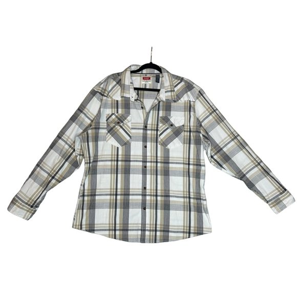 Wrangler Mens Oversize 2XL Brown Plaid Long Sleeve Button Up‎ Shirt - Picture 2 of 8